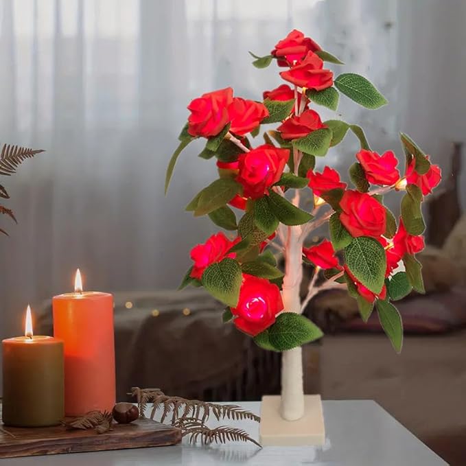 LED Artificial Rose Flower Light Mini Tabletop Light up Bonsai Lamp Indoor Decorative Fake Tree for Fireplace, Bedroom, Party - 21.6Inch Tree for Valentine Women Gifts