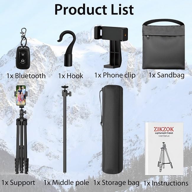 68" Phone Tripod for Overhead Shots, Horizontal Tripod, Tripod Stand for iPhone with Wireless Remote/Sandbag, Phone Tripod for Cooking Video Recording/Live Stream/Vlogging