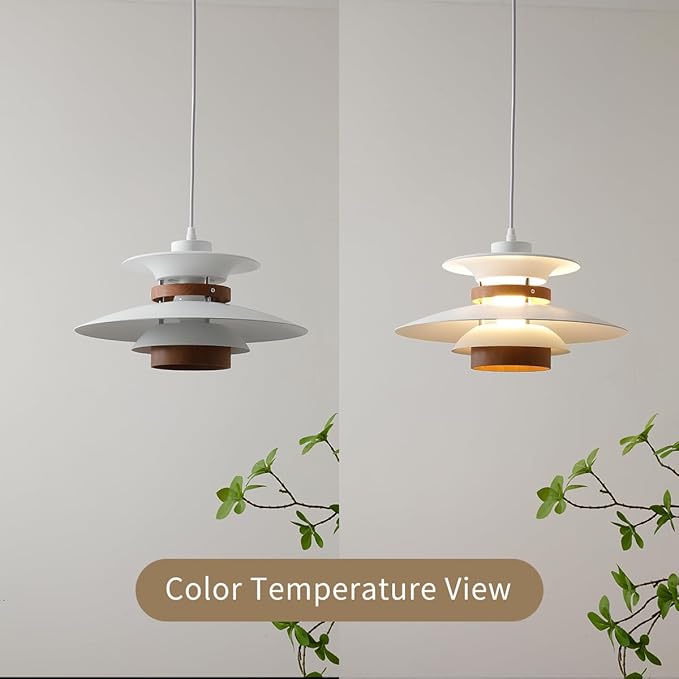 Modern Decor Adjustable Pendant Lamp Kitchen Island, Aluminum and Wood Finish,1-Light E26 Base Ceiling Hanging Light for Dining Room Shop Restaurant (White+Dark Wood Grain, 35cm)