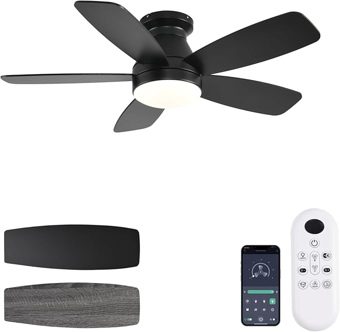 Ceiling Fans with Lights, 42 Inch Low Profile Ceiling Fan with Light and Remote/App Control, Flush Mount, Reversible, 3CCT, Dimmable, Noiseless, Black Ceiling Fan for Indoor/Outdoor Use