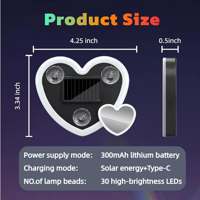 Car LED Ambient Lighting - 7 Colors 8 Modes RGB Solar Powered&USB Charging Two Heart-Shaped Neon Light for Window Car Interior Light Decoration IP65 Waterproof(1Pcs)