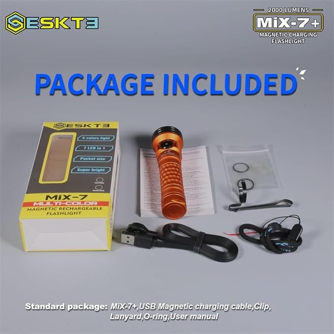 SKILHUNT Mix-7 GEN2 Plus 2000 Lumen RGB UV365 LED Flashlight Magnetic Charging Multi-Color Torch with Red, Green, Blue, White Light for Outdoor, Hunting, Inspection, Tactical Use (Black, Cool White)