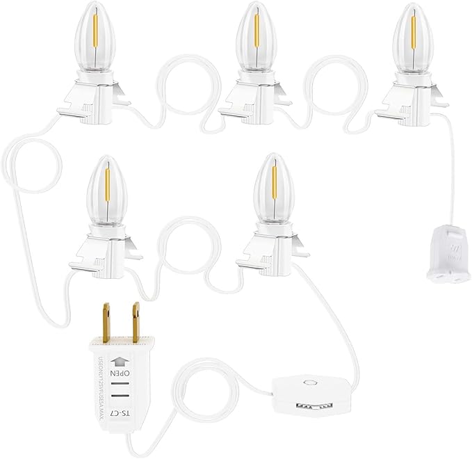 Christmas Village Lights with 5 LED Warm-White Bulb and Female Plug, 8.8ft with Spare Fuse, Decoration for Halloween Pumpkins and Christmas Village Houses