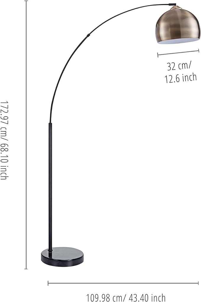 Teamson Home Arquer 68.1" Arc Floor Lamp for Living Rooms, Home Offices, Dining Rooms, Bedrooms with Faux Black Marble Base and Antique Brass Bell Shade