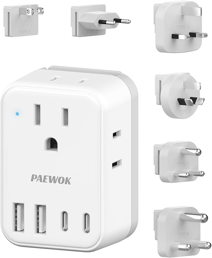 European Travel Plug Adapter Set, 8-in-1 Travel Adapter with 4 AC, 4 USB Ports (2 USB C), US to EU/UK Universal Adapter, International Power Adapter with Type C/G/A/I/D/M Detachable Plugs