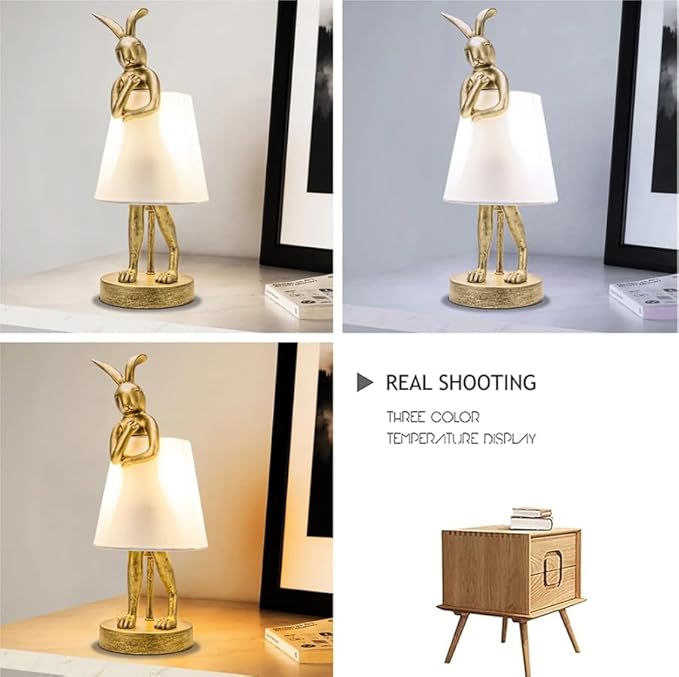 YHT Bunny Table Lamp, Cute Animal Rabbit Lamp,Bunny Lamps,15.7" Vintage LED Desk Light with Linen Lampshade,Gold Main Part Beside Lamp for Bedroom, Study Room, Office, Nursery, Home Decor (White)