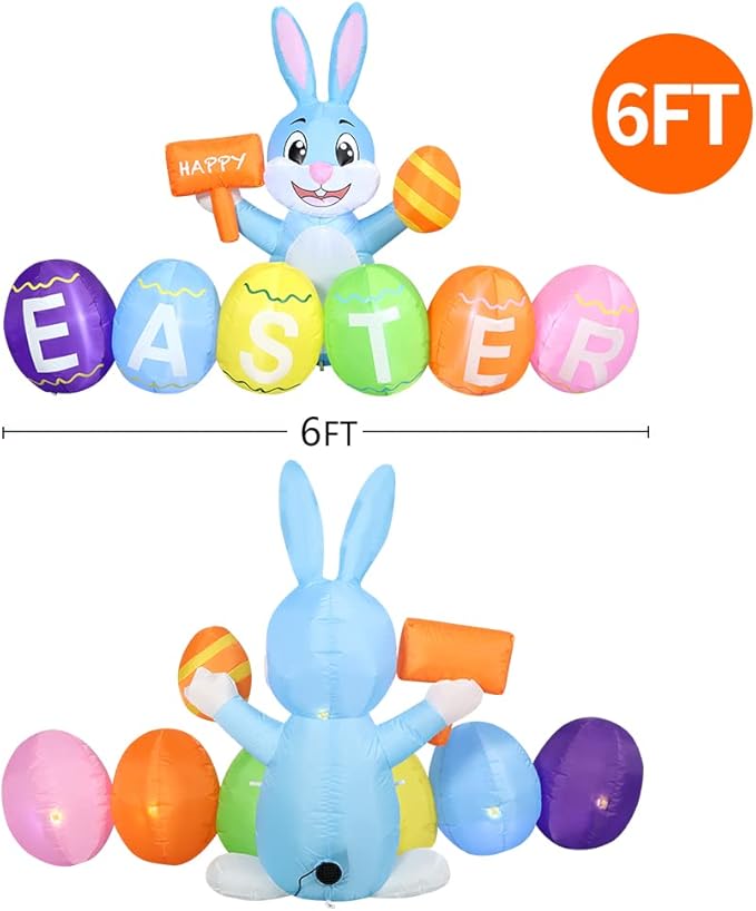 Domkom 6FT Easter Inflatable Bunny Outdoor Decorations with Eggs, Build-in LED Lights Holiday Blow Up Yard Decoration, for Easter Holiday Party, Outdoor,Garden, Yard Lawn Décor