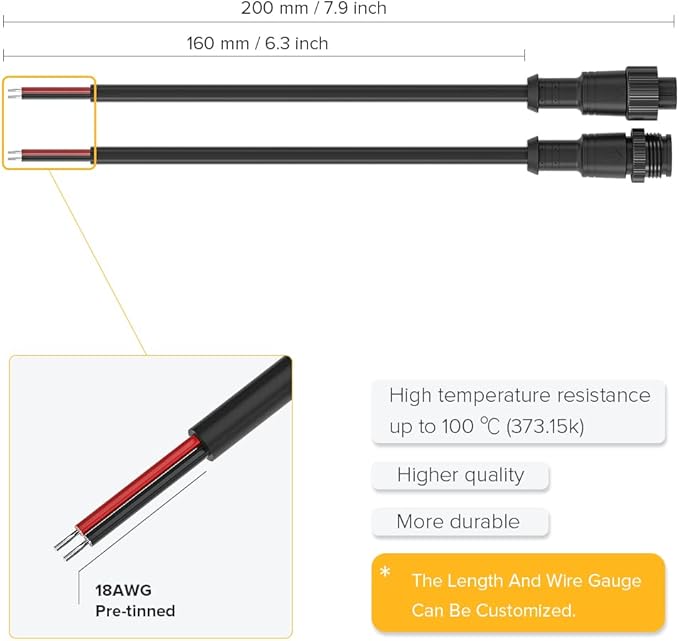 BTF-LIGHTING 2 Pin Electrical Metal nut Connector 18AWG IP67 Male Female Connector 7.87in/20cm Extension Cable for Car,Truck,Boat,Indoor/Outdoor LED Strip Lights/String 22mm Metal Nut Big Size