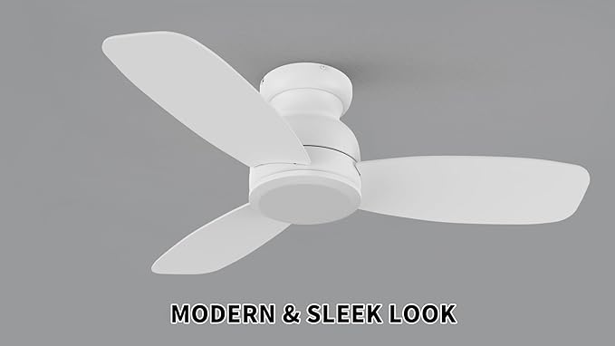 CEME 44 Inch Flush Mount Ceiling Fan without Lights, White Ceiling Fan with Remote Low Profile, 10-Speed Reversible DC Motor, 3 Dual Finish Blades, Indoor for Bedroom