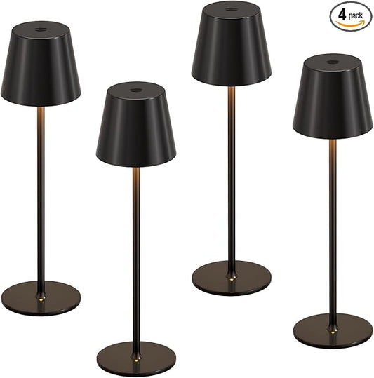 Kakanuo Cordless Table Lamp Rechargeable Black - KK 4 Pack Battery Operated Lamp for Dining Table, 3 Color Stepless Dimming Waterproof LED Wireless Lamp for Counter, Outdoor Patio, Touch Control