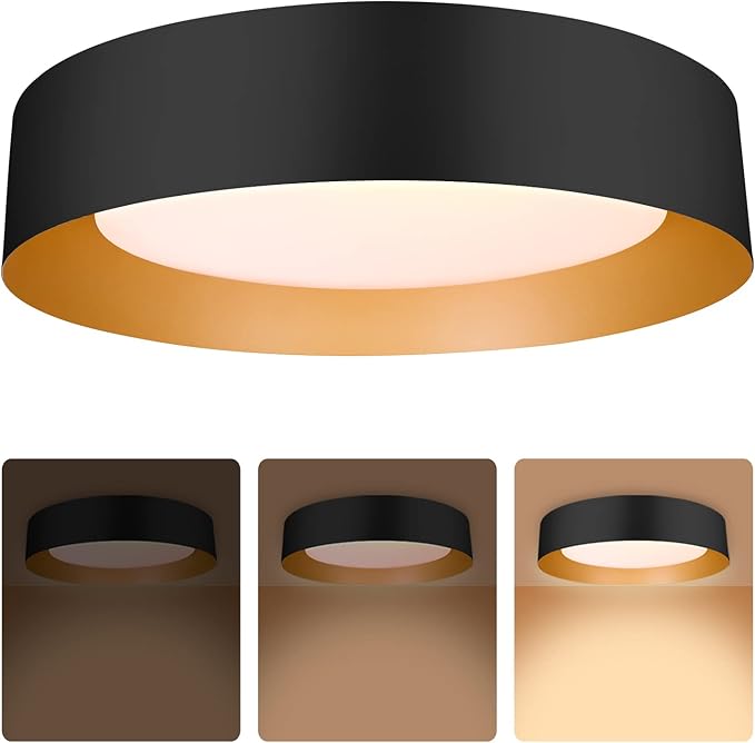 Bargeni 16.5 Inch LED Ceiling Light Fixture, Dimmable Flush Mount Matte Black With Gold Inside, 3000K/Warm White/30W, Modern Light Fixtures Mount for Bedroom, Outdoor, Foyer