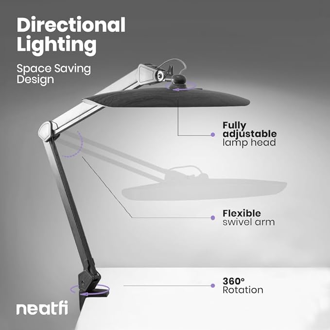 Neatfi XL 2200 Lumens 24W LED Desk Lamp with Clamp - Shadow-Free Task Lighting | 4-Level Dimming | Home Office & Crafts Use | 20-Inch Wide Head (Non-CCT, Gray Wood)