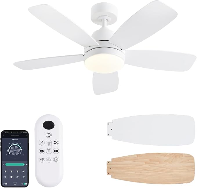 Ceiling Fans with Lights, 42 Inch Low Profile Ceiling Fan with Lights and Remote Control, LED Dimmable DC Reversible, 8 Speed, Noiseless, Modern White Ceiling Fan for Bedroom, Indoor/Outdoor Use