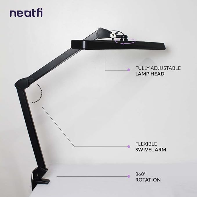 Neatfi Task Lamp – 2,500 Lumens, 30W, 22-Inch Wide Shade, 4 Brightness Levels, Eye-Caring Light, Clamp Mount, LED Task Light for Manicure Table, Crafts, Workbench, Office (Non-CCT, Black)