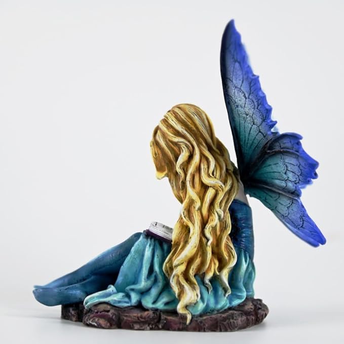 Fantasy Reading Fairy Figurine - Blue Gradient Wings Elf Statue with Book, Cozy Resin Decor for Desk, Study & Fairy Garden (15.5cm)