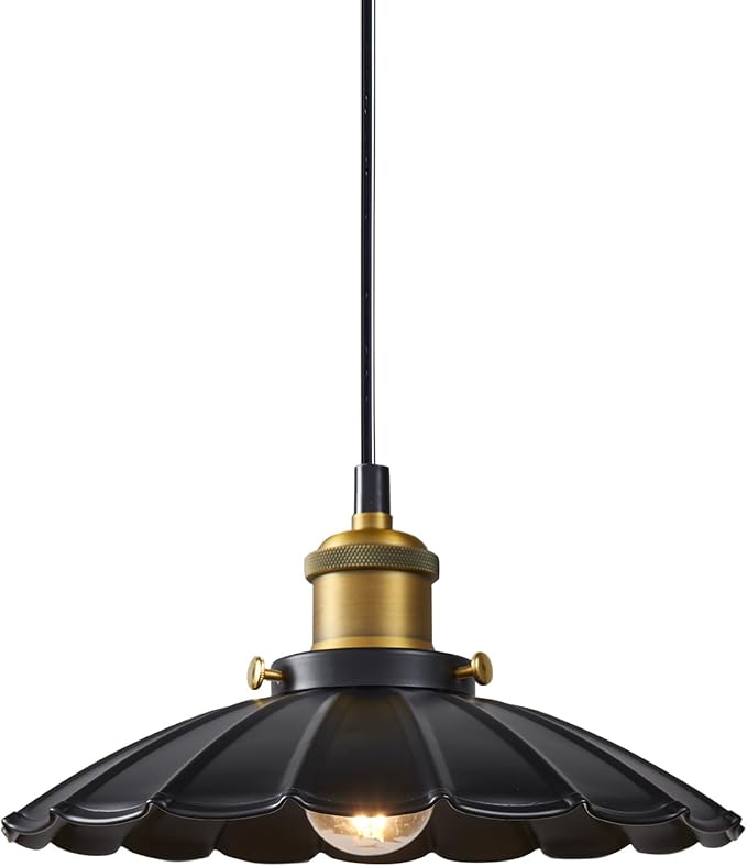 Black Pendant Light, 9.8 Inch Retro Hanging Lamp for Bedroom, Glossy Hanging Kitchen Lights Living Room Height Adjustable Pleated Pendant Light