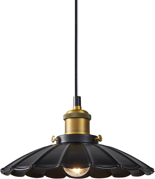 Black Pendant Light, 9.8 Inch Retro Hanging Lamp for Bedroom, Glossy Hanging Kitchen Lights Living Room Height Adjustable Pleated Pendant Light