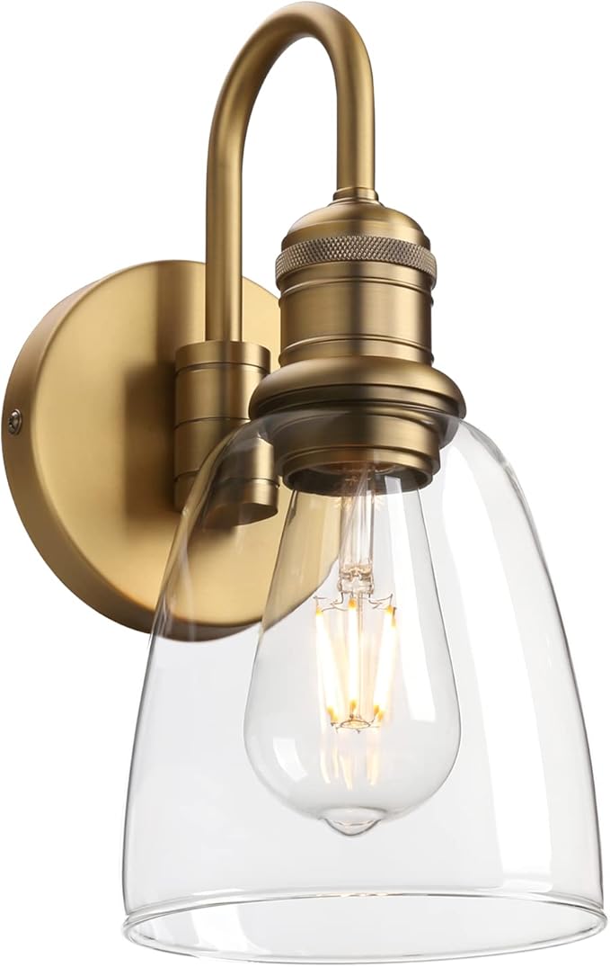 1-Light Vintage Gooseneck Wall Sconce Lamp with Cloche Clear Glass Shade, Industrial Indoor Wall Light Fixture for Bathroom Living Room Bedroom Over Kitchen Sink
