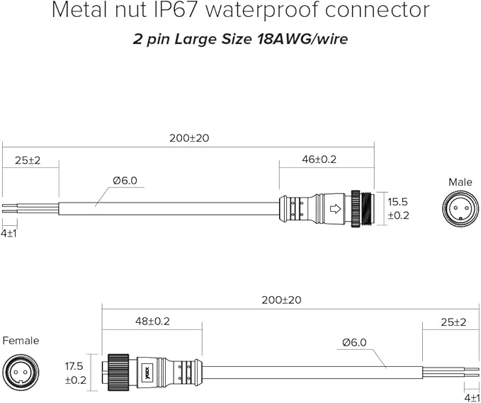 BTF-LIGHTING 2 Pin Electrical Metal nut Connector 18AWG IP67 Male Female Connector 7.87in/20cm Extension Cable for Car,Truck,Boat,Indoor/Outdoor LED Strip Lights/String 22mm Metal Nut Big Size