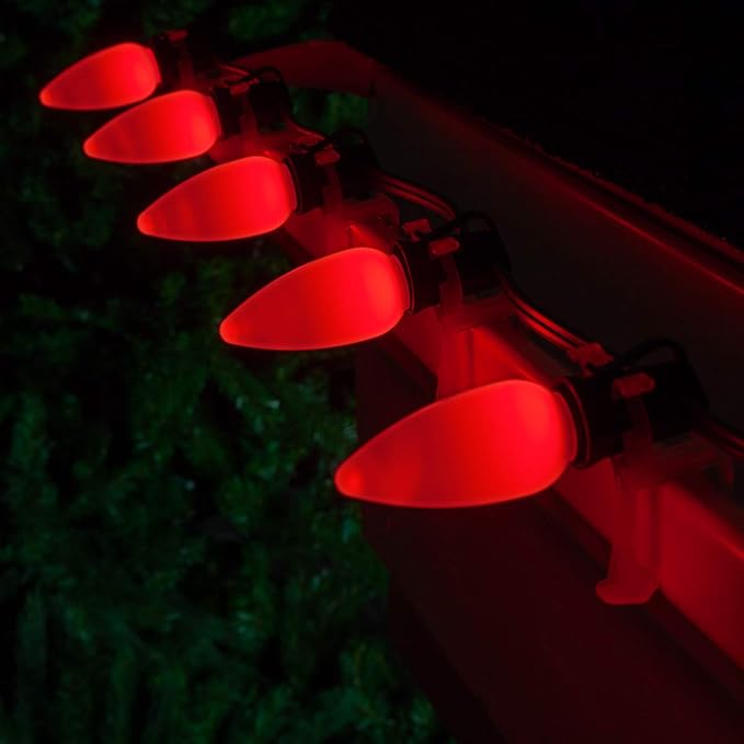 Wintergreen Lighting 100 C9 OptiCore LED Commercial Outdoor Christmas Lights – Heavy Duty Christmas String Lights; Green Wire (100 ft, Red Smooth/Opaque)