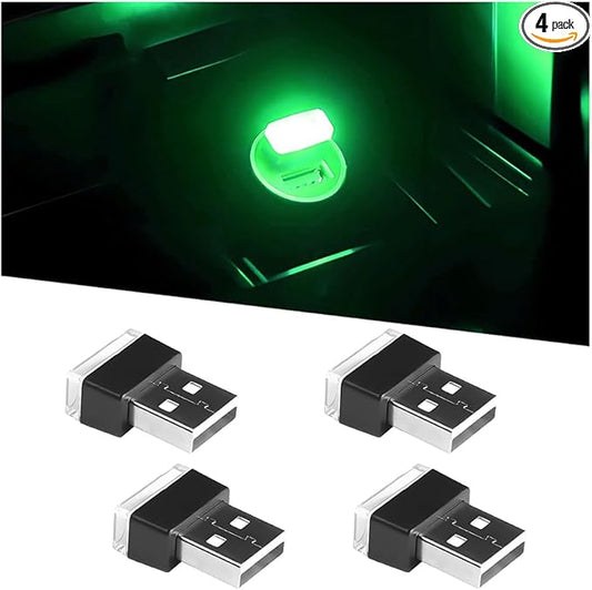 4PCS/Set USB LED Car Interior Atmosphere Lamp, Portable Mini Vehicle LED Night Light, Plug-in USB Interface Automotive Interior Ambient Lighting Kit Accessories, Universal Fit (Green)