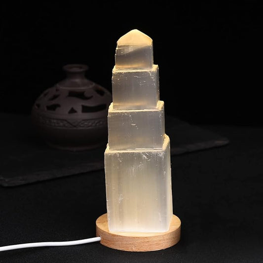 JIC Gem USB Selenite Tower Lamp Natural Selenite Skyscraper Healing Crystal Lamp 6 Inch with Wooden Light Stand Base