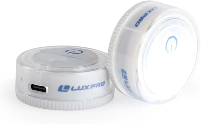 LUXPRO Waterproof Micro LED Puck Lights - Adhesive Lighting Ideal for Under Cabinets, in Tackle Boxes, or On Bookcases - Includes Batteries (Rechargable, 4 Pack)