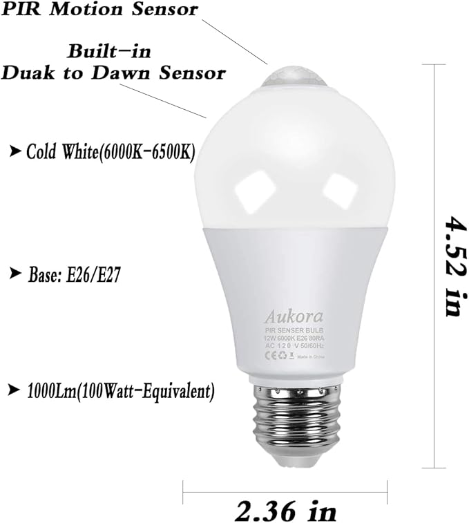 Aukora Motion Sensor Light Bulbs 4-Pack, 12W (100-Watt Equivalent) E26 Motion Activated Dusk to Dawn Security Light Bulb Outdoor/Indoor for Front Door Porch Garage Basement Hallway Closet(Cold White)
