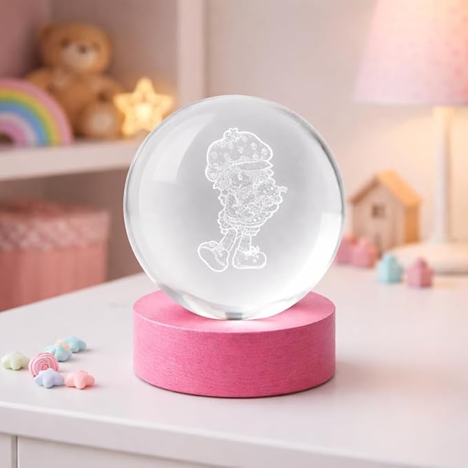 Strawberry Shortcake Globe Light Crystal Orb Lamp with Color Changing LED Glow, USB Powered Night Light with Wooden Base, Decorative Ambient Accent Light for Bedroom, Desk, Kids Room Gift