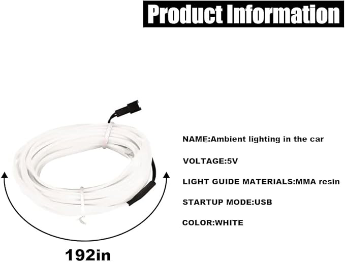 EL Wire Interior Car LED Strip Lights, USB Car Neon Light Strip with Sewing Edge, 16FT Neon Light 5V with Fuse Protection, Electroluminescent Car Indoor Decorations (White)