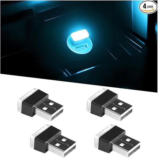 4PCS/Set USB LED Car Interior Atmosphere Lamp, Portable Mini Vehicle LED Night Light, Plug-in USB Interface Automotive Interior Ambient Lighting Kit Accessories, Universal Fit (Ice Blue)