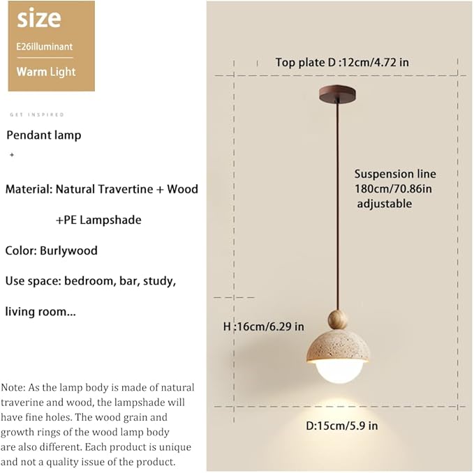 Spherical Wabi Sabi Pendant Light Natural Stone Retro Japanese Style Yellow Travertine Pendant Lighting Vintage Mini Wood Nordic Hanging Light for Kitchen Island Dining Room Bedroom Hallway Bedside
