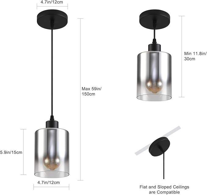 3-Pack Silver Gradient Industrial Pendant Lighting, Modern Black Glass Shade Farmhouse Adjustable Hanging Light Fixtures for Kitchen Island Living Room Bedroom Hallway