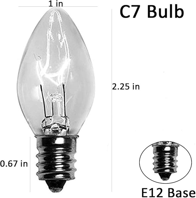 25 Pack Clear Replacement Bulbs, C7 Outdoor String Light Bulbs, C7/E12 Candelabra Base Night Light Bulbs, 5 Watt-Clear