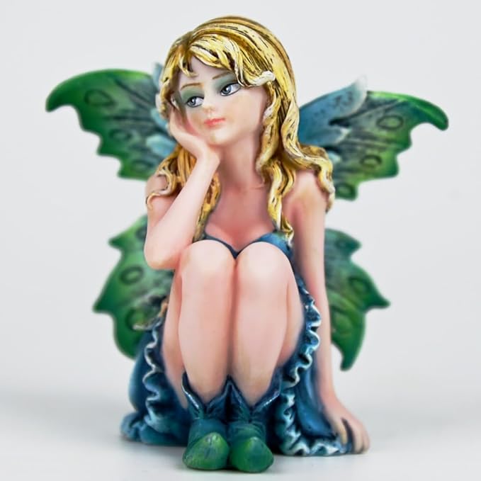 Fantasy Thoughtful Fairy Figurine, 3.15 Inch Blue-Green Gradient Elf Statue, Hand-Painted Resin Decor with Purple Hair Flower & Textured Wings for Desk, Fairy Garden, Plant Pot