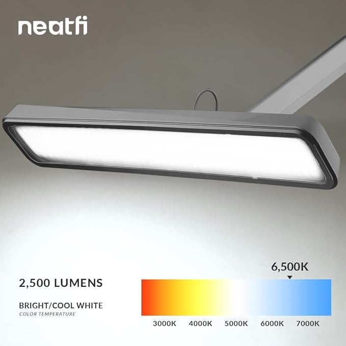 Neatfi Task Lamp – 2,500 Lumens, 30W, 22-Inch Wide Shade, 4 Brightness Levels, Eye-Caring Light, Clamp Mount, LED Task Light for Manicure Table, Crafts, Workbench, Office (Non-CCT, Silver)