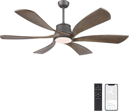WINGBO 60" Smart Ceiling Fan with Light, Dimmable LED Light, 6-Speed Remote/APP/Voice Control, Solid Blades Fan for Bedroom/Living Room/Shop Compatible with Alexa or Google Assistant Wood Color