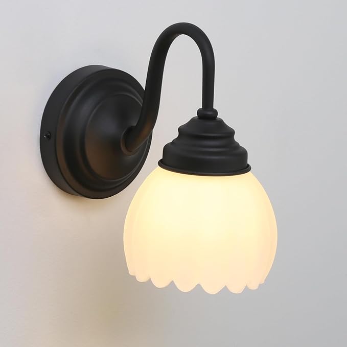 Pathson Milk White Wall Sconce Lamp with Tulip Thicken Glass, Modern Bathroom Sconce Hardwired Wall Vanity Light Indoor Decor for Mirror Living Room Foyer Loft Bedroom Farmhouse Lighting