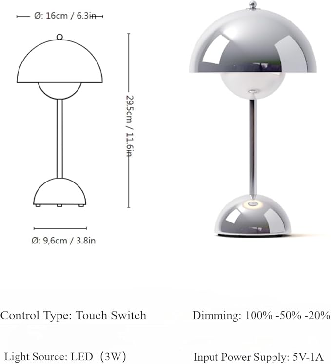 Modern Flower Bud Lamp 12" Cordless Touch Lamp Dimmable 2600mAh Rechargeable Desk Lamp Nordic Minimalist Mushroom Lamp Nightstand Bedside Lamp for Bedroom Living Room(Chrome) No Reading Light