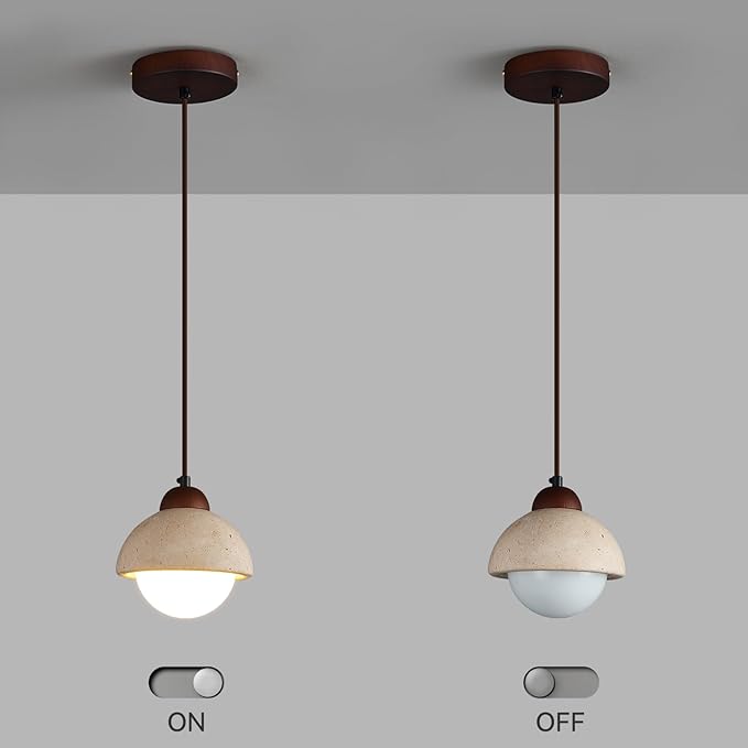 Nordic Natural Stone Shade Pendant Light Wabi Sabi Yellow Cave Stone Chandelier for Kitchen Island,Wood Suspension Lamp for Dining,Bedside,Entryway,Cafe,Restaurant(2-Pack)