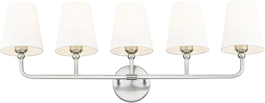 Bathroom Light Fixtures, 5 Light Brushed Nickel Vanity Lights with Flared White Fabric Shade, 35 Inch Wall Sconce, Modern Sconces Wall Lighting for Hallway Bedroom, VL837-BN-5
