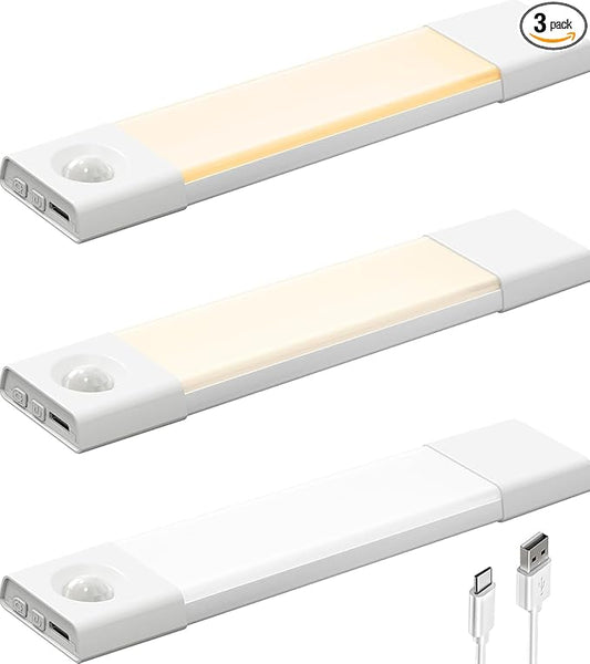 EZVALO 3 Pack 8” Motion Sensor Light Indoor, Wireless Under Cabinet Lighting, 30 LED Rechargeable Closet Lights, Dimmable, 3 Color Temperatures, Counter Lights for Wardrobe, Pantry, Bedroom, Kitchen