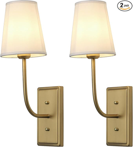 Farmhouse Brass Wall Sconce 1-Light, Linen Fabric Shade Wall Lamp Hardwired Indoor Wall Light for Bedroom Living Room Vanity Bathroom (White Cloth 2-Pack)