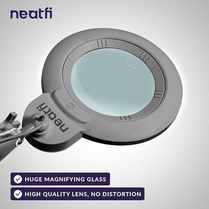 Neatfi XL Bifocal LED Magnifying Lamp – 7-Inch Acrylic Lens, 2.25x & 6X Magnification, 1,600 Lumens, Dimmable LED, Adjustable Arm, Hands-Free Close Work (Silver, with Clamp)