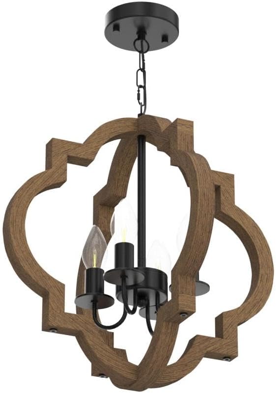 Farmhouse Orb Chandelier, 4-Light Rustic Wood Chandelier for Dining Room, 15.74'' Pendant Light for Kitchen Island Hallway Foyer Entryway Bedroom