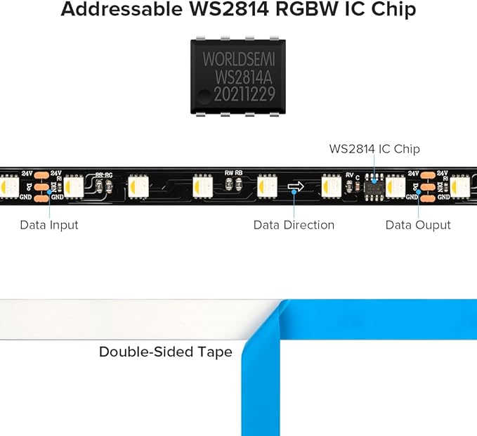BTF-LIGHTING WS2814 IC RGBW RGB+Cool White (Similar WS2812B) Addressable DC24V 16.4FT 60LED/m 10pixel/m Flexible 4 Colors in 1 Dream Color LED Strip IP30 for Home Decor (No Adapter or Controller)