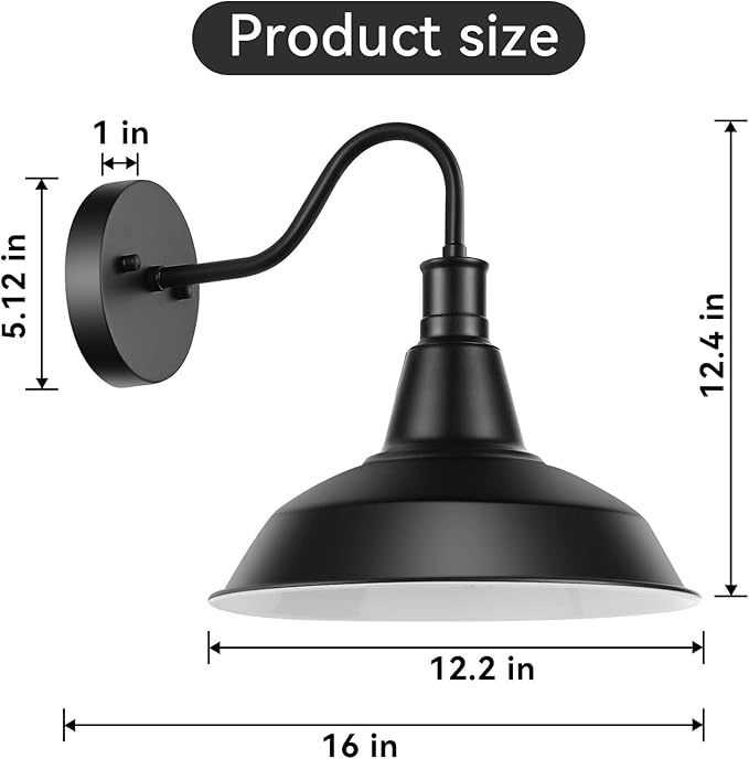 Industial Outdoor Gooseneck Wall Sconces, Vintage Wall Mount Light Exterior Wall Lighting Fixture Black Farmhouse Barn Light for Porch, Entryway, Garage
