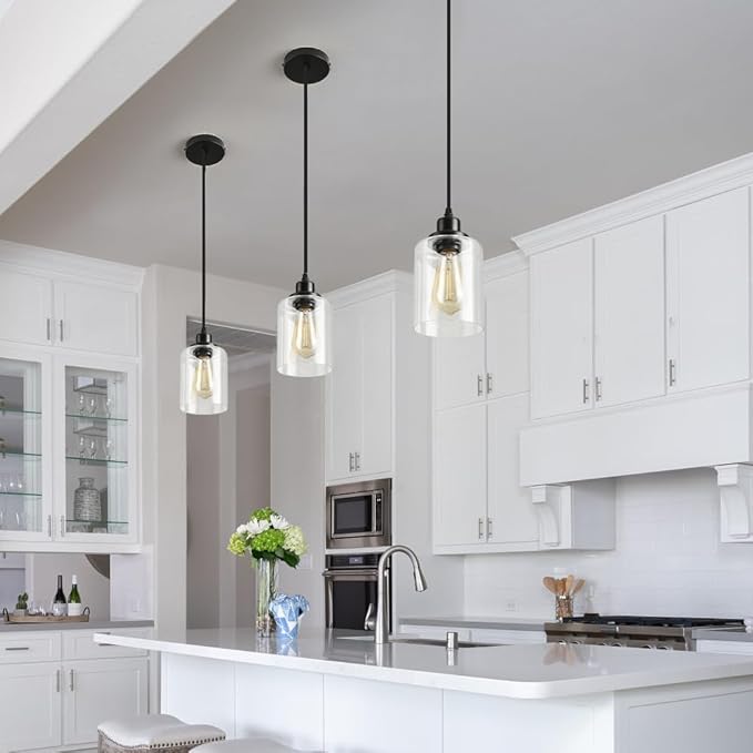 3 Lights Industrial Pendant Light with Glass Shade Matte Black Pendant Lighting Adjustable Industrial Retro Style Hanging Light,Kitchen Island Farmhouse Pendant Lights Fixtures for Kitchen,Farmhouse