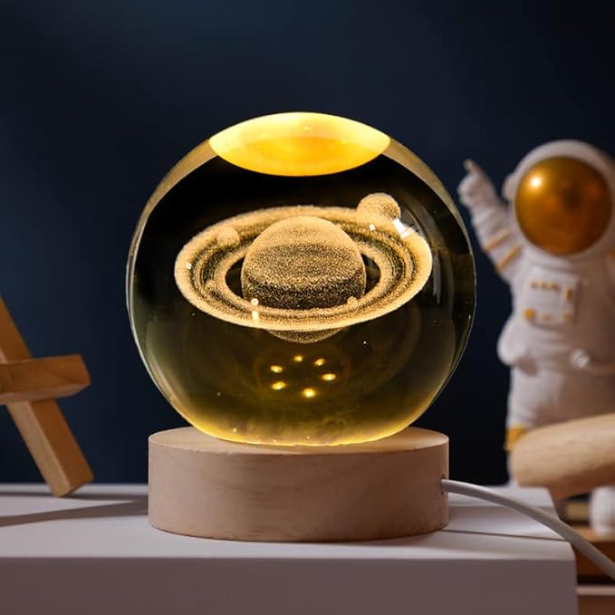 3D Saturn Crystal Ball with LED Stand, 60mm Glass Sphere Decorative Balls, Space Planet Galaxy Lamp Night Light Gifts for Women Kids