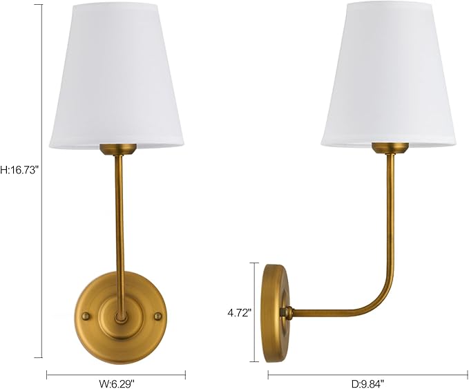 TERLEENART Hardwired Wall Sconce Set of 2 with Flared Shape White Textile Shade Curved Arm and Antique Brass Finish Metal Base,Perfect for Bedroom Living Room Bathroom Vanity Area